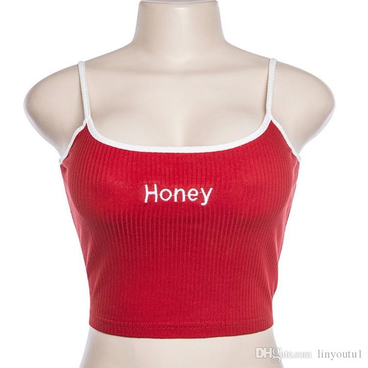 2020 Summer Women Crop Top Sexy Honey Letter Embroidery Tank Tops Cropped Ladies Spaghetti Strap Elastic Shirt Vest Camisole
