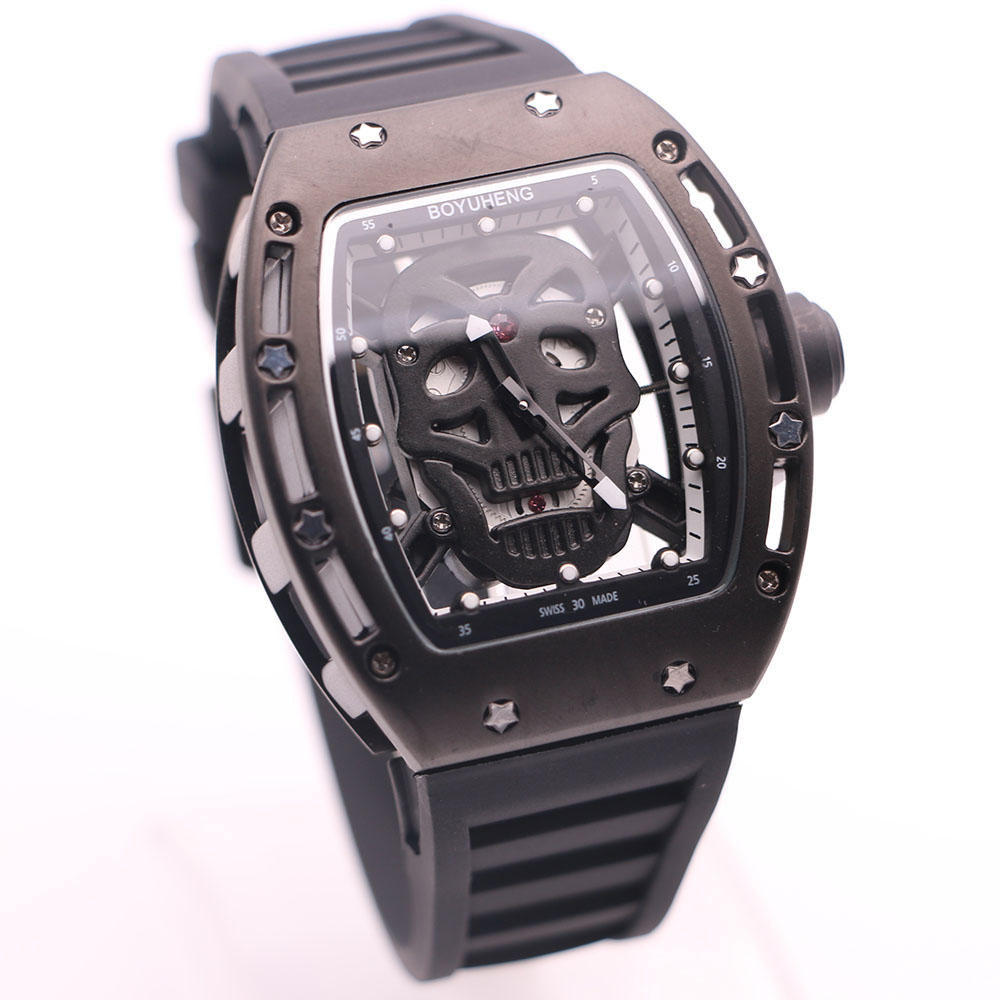 Domineering BOYUHENG Baterry 43MM Black Skull Skeleton Dial Two Hands Mens Watches Tonneau Case Transparent Quartz Movement Wristwatches