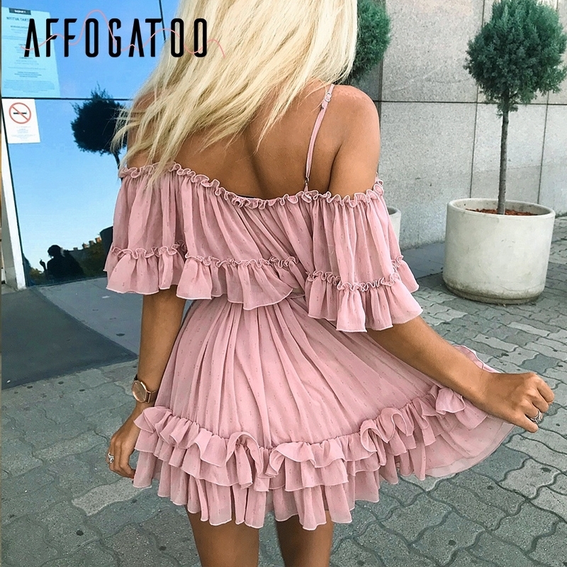 Affogatoo Elegant Ruffle Off Shoulder Strap Summer Pink Dress Women Casual Chiffon Pleated Blue Dress Loose Holiday Short Dress Y190514