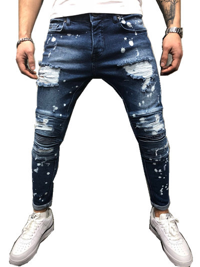Fashion-Men's Painted Skinny Slim Fit Straight Ripped Distressed Pleated Knee Patch Denim Pants Stretch Jeans
