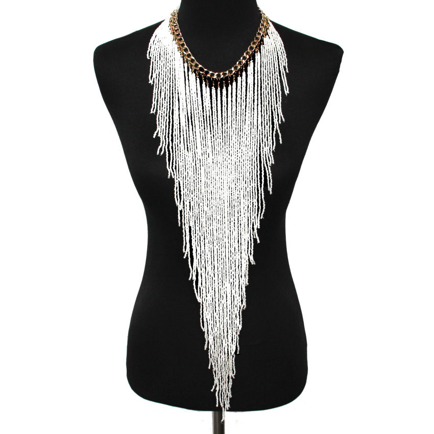 Fashion- Bohemian Style Design Women Charm Jewelry Resin Bead Handmade Long Tassel Statement Link Chain Choker Necklace Christmas Gift