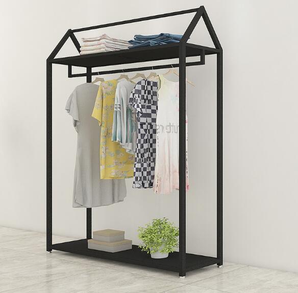 Iron retro clothing store display racks gold men's and women's clothes rack hanging clothes rack display rack European floor type clothes ra