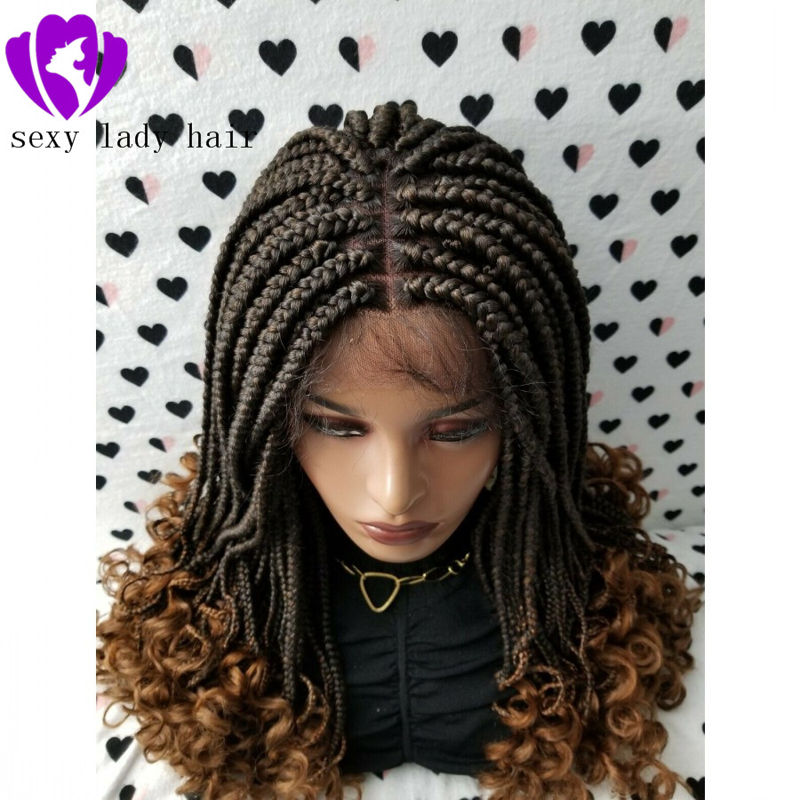 Fashion black women braid style 1/30 ombre brown Braided Wig middle part Box Braids Swiss Lace Front Wig With Curly Ends