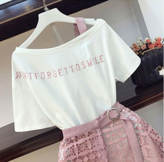 2020 New Fashion Summer Women's Letter Embroidery Off Shoulder Cotton Long T-shirt + Lacing up Hollow Lace Skirt 2 Pieces Set CX200702