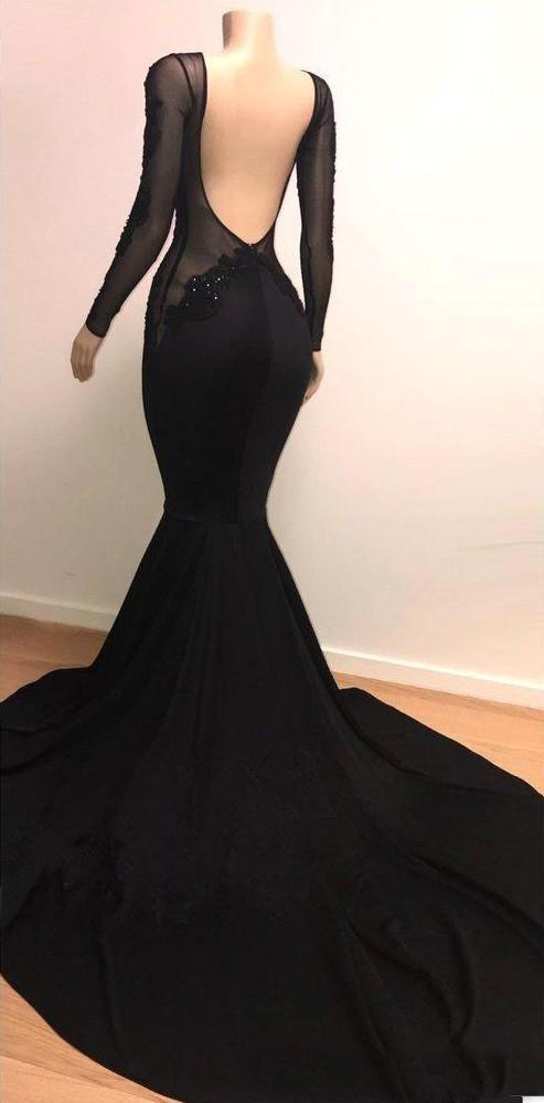 2019 Mermaid Black Prom Dresses Long Sleeves Sexy Illusion Bodices Lace Applique Backless Formal Evening Gowns Court Train