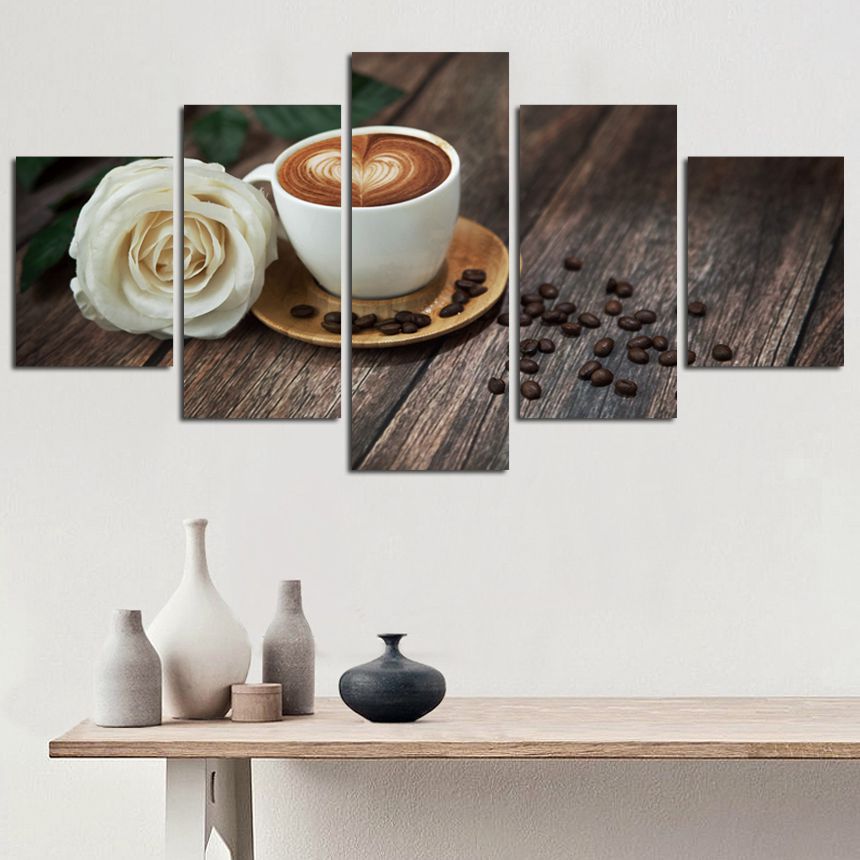 Canvas Pictures Living Room Wall Art 5 Pieces Coffee Cup And Rose Paintings HD Printed Modular Poster Kitchen Home Decor(No Frame)