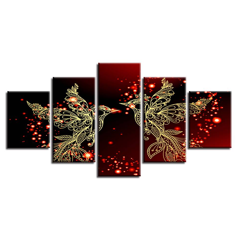 Home Decor HD Print Canvas 5 Pieces Red And Gold Love Birds Pictures Bedroom Romantic Wall Art Poster (No Frame)