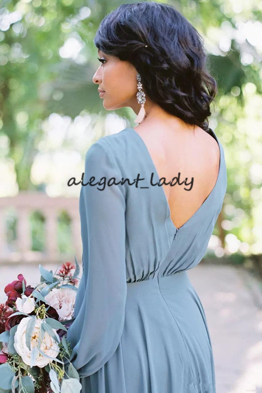 Dusty Blue Country Long Bridesmaid Dresses with Long Sleeve 2019 Retro Chiffon Full length Bohemian Wedding Guest Party Dress
