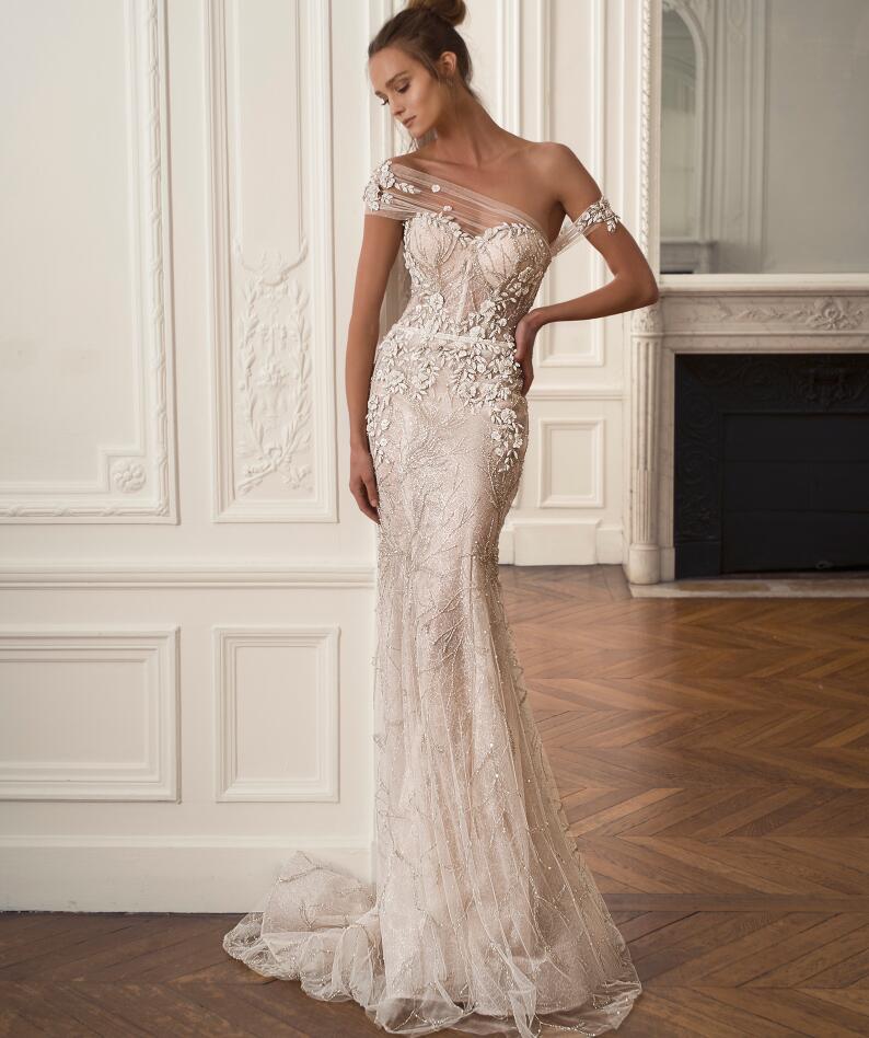 Beaded Mermaid Dresses Lace Appliqued Sweep Train One Shoulder Julie Vino Boho Wedding Dress Custom Plus Size Bridal Gowns