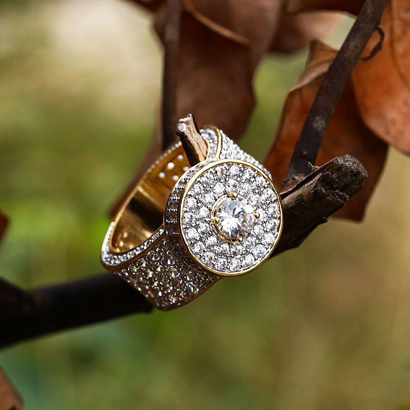 Sophisticated Men's Hip Hop Style Ring with Large 18k Gold Plate & Sparkling CZ Diamonds