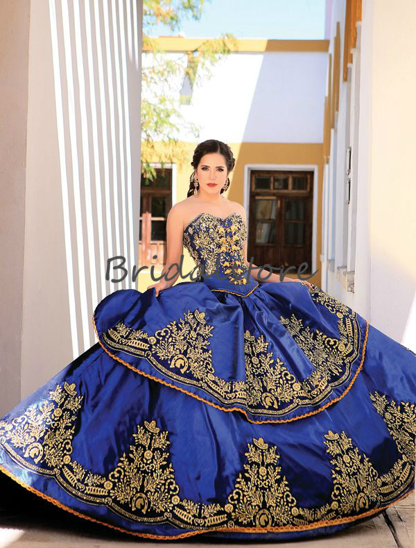 Mexican quinceañera Luxury Detail Gold Embroidery Quinceanera Dresses 2019 Masquerade Ball Gown Royal Blue Sweety 16 Girls Prom Party Dress