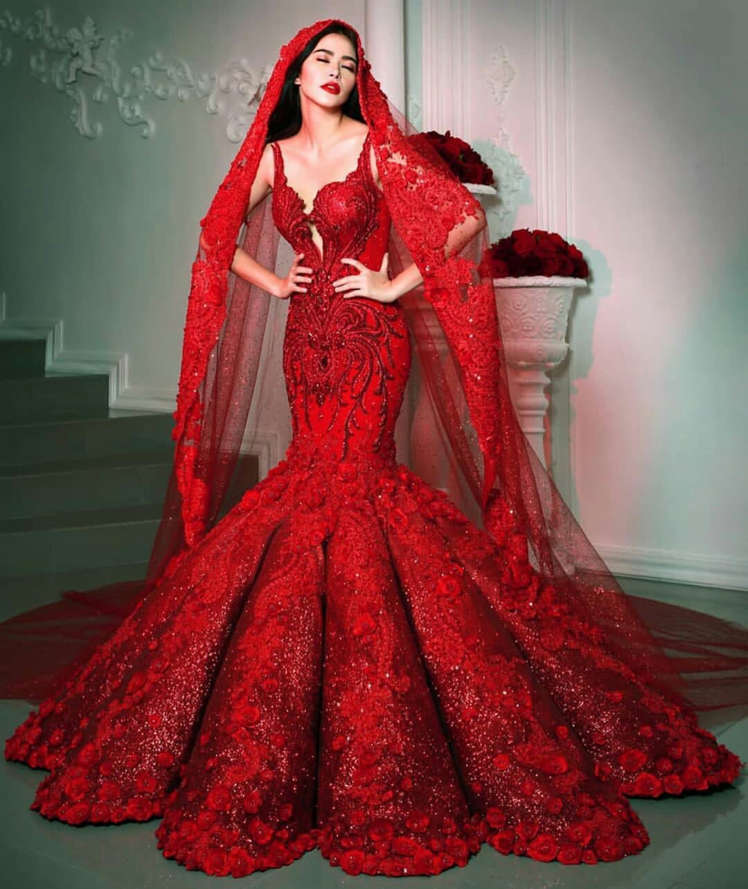 crystal red mermaid prom dresses beading spaghetti 3d flower appliques evening gowns floor length party dress robes de marie