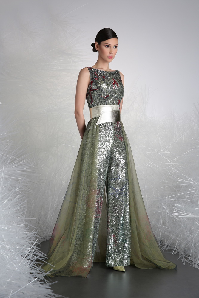 2019 Tony Ward Jumpsuits With Detachable Train Jewel Neck Bling Sequins Sleeveless Prom Dresses Party Wear Sash Luxury Evening Gowns