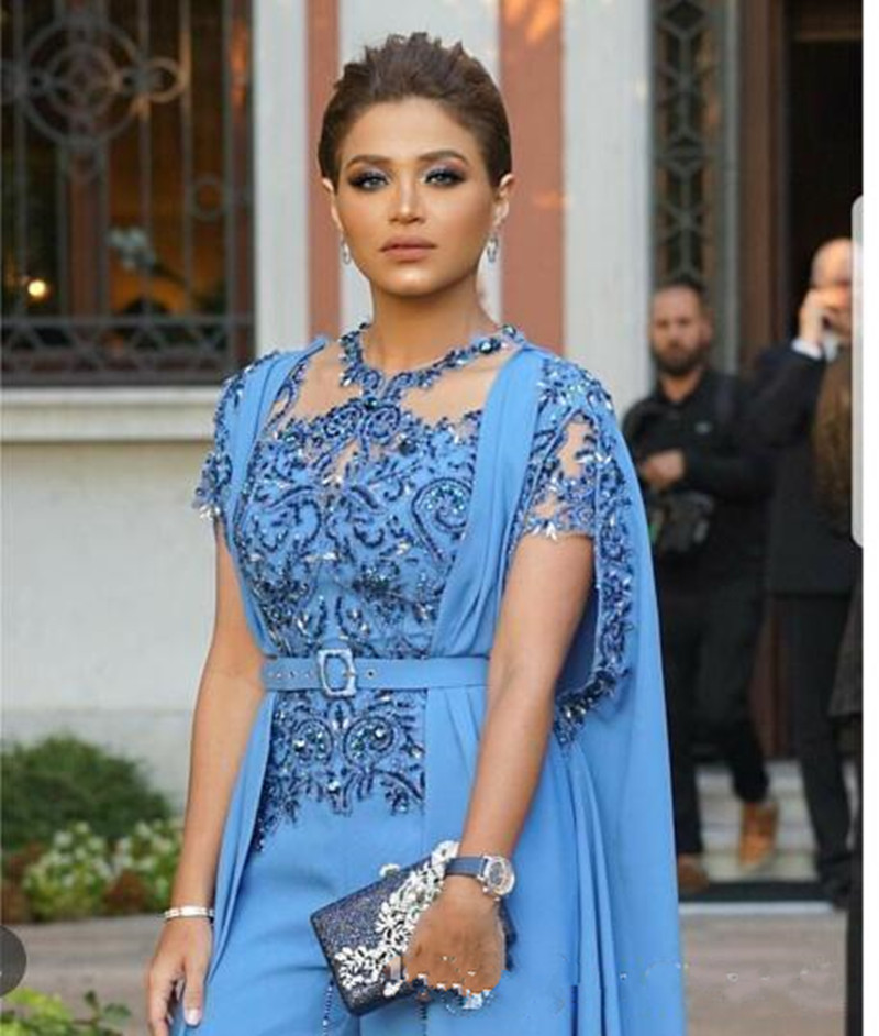 2019 New Plus Size Jumpsuits Prom Dresses With Wrap Beaded Applique Saudi Arabic Dress Evening Gowns Long Women Party Suits Custom