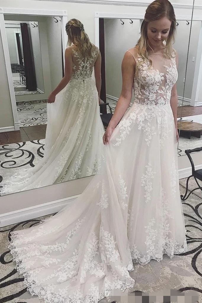 Lace Applique Dresses Sleeveless Sheer Neck Sweep Train Illusion Covered Buttons Beach Wedding Gown Vestido De Novia