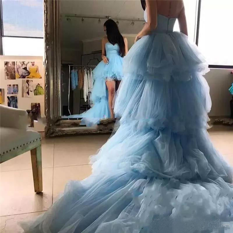 Light Blue Sweetheart Prom Dresses 2019 Hi Lo Tiered Skirts Sweep Train Evening Dress Special Occasion Party Gowns