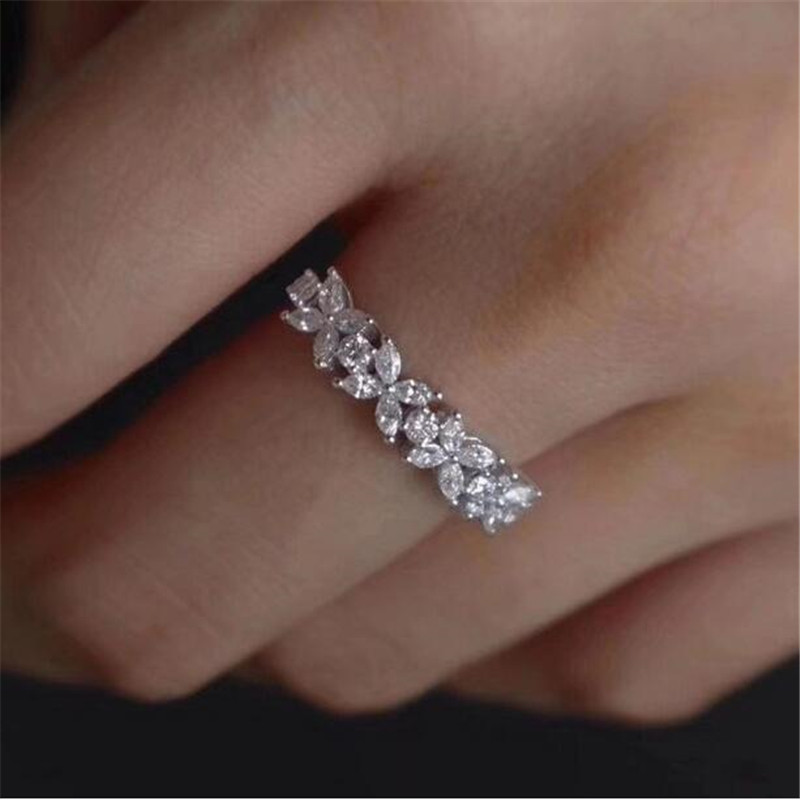 US Size 6-10 Handmade Luxury Jewelry 925 Sterling Silver Marquise Cut White Topaz Gemstones Women Wedding Flower Band Ring For Lovers' Gift