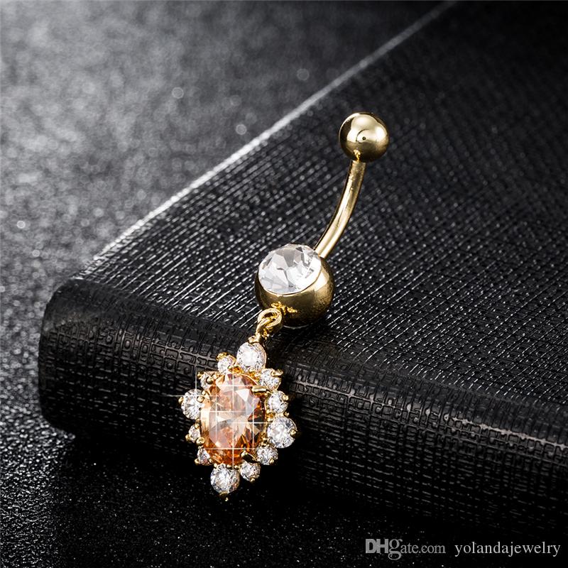 Crystal Dnacing Belly Ring for Girls 18K Yellow Gold Plated CZ Body Piercing Navel for Grils Women P0176