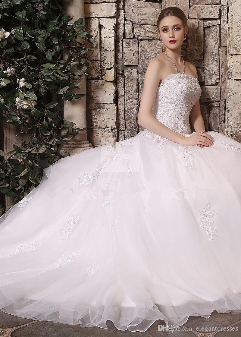 Wedding Strapless Slim Dresses Sexy Lace Appliques A-Line Bridal Gowns Princess Garden Long Organza Vestidos De Marriage