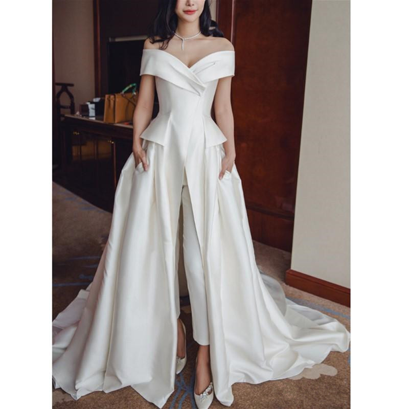 Elegant Ivory Satin Jumpsuit Evening Dresses Off Shoulder Prom Dresses With Pockets Custom Sweep Train V Neck Formal Party Gowns Z47, Yellow
Elegant Ivory Satin Jumpsuit Evening Dresses Off Shoulder Prom Dresses With Pockets Custom Sweep Train V Neck Formal Party Gowns Z47, Yellow