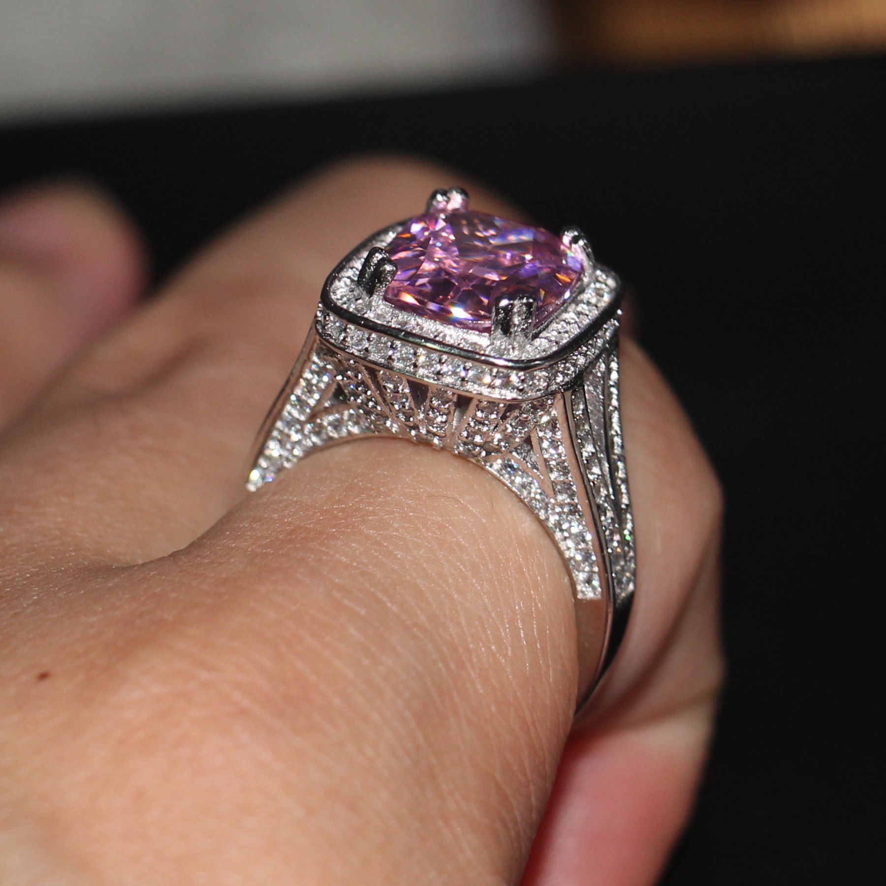 Luxury Jewelry Brand New 14KT White Gold Fill Cushion Shape Big White Topaz CZ Diamond Pave CZ Women Wedding Band Ring for Lovers' Gift