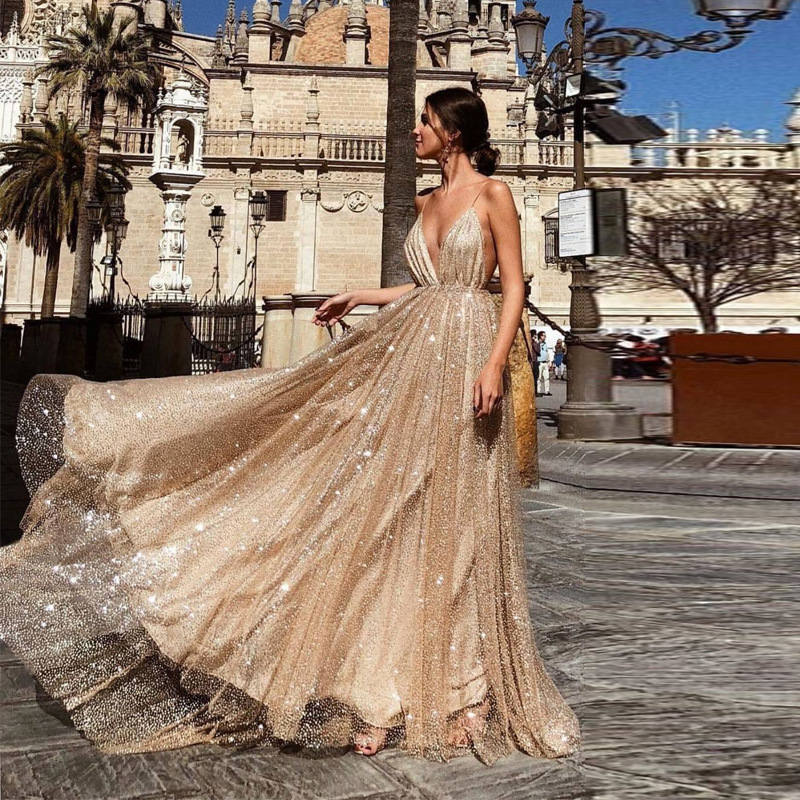 Gorgeous Rose Gold Sequined Prom Dresses 2019 V Neck Sparkling Sequin A-line Backless long Prom Party sweet 16 Dresses Robe De Soiree