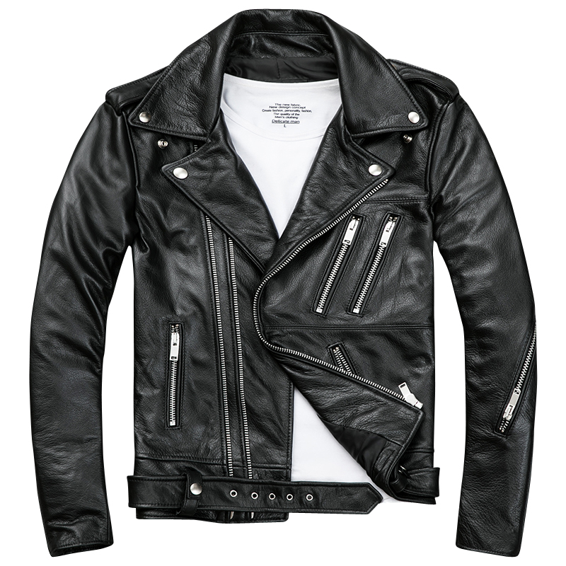 Mens Black Biker Leather Jackets Coats Double Diagonal Zipper Cowhide Slim Fit Short Motorcycle Coats Male Tops от DHgate WW