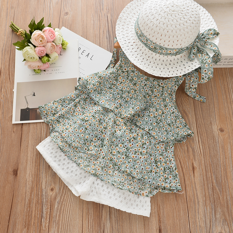 New baby Girls Clothing Sets 2019 Summer Kids Clothes Floral Chiffon Halter+Embroidered Shorts Straw Children Clothing