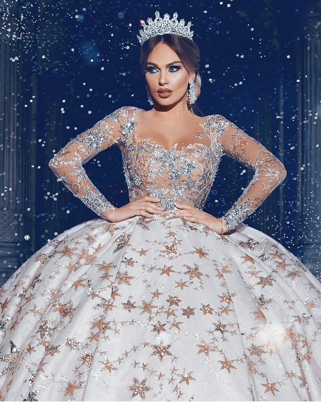 2020 Gorgeous Ball Gown Wedding Dresses Lace Sequined Star Sheer Jewel Neck Court Train Custom Made Arabic Weeding Gowns Bridal Dress