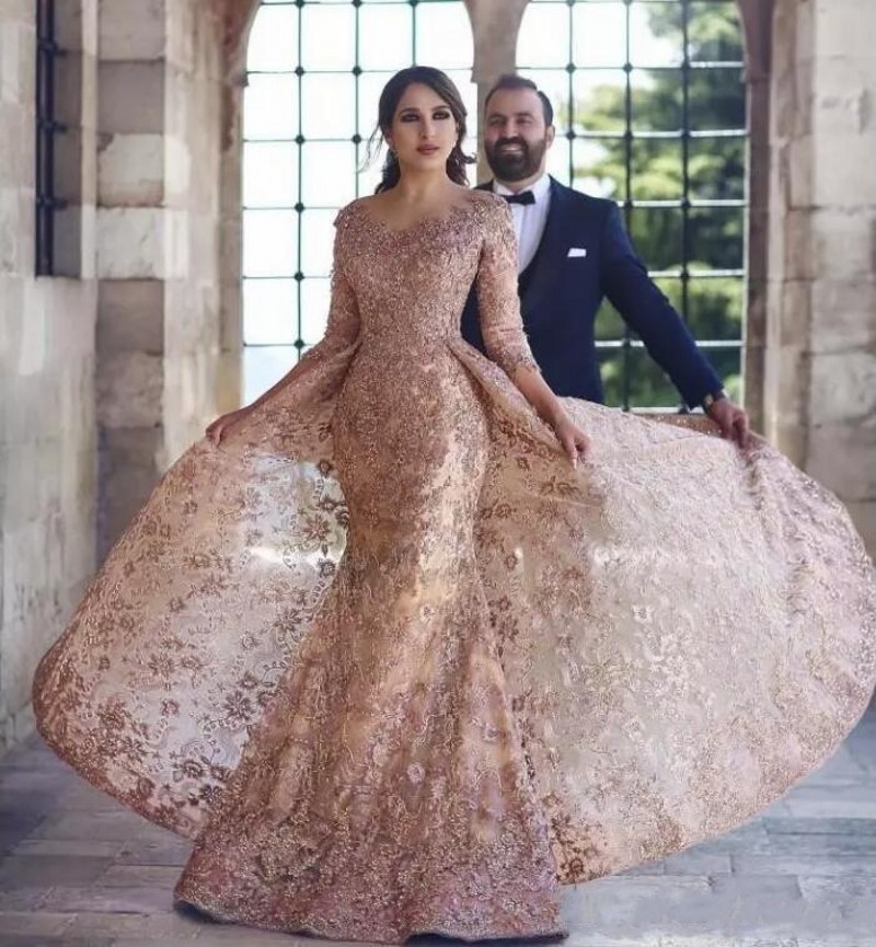 2020 Dubai Arabic Modest Mermaid Evening Dresses Wear Long Sleeves Full Lace Appliques Crystal Formal Party Gowns Prom Dress With Overskirt