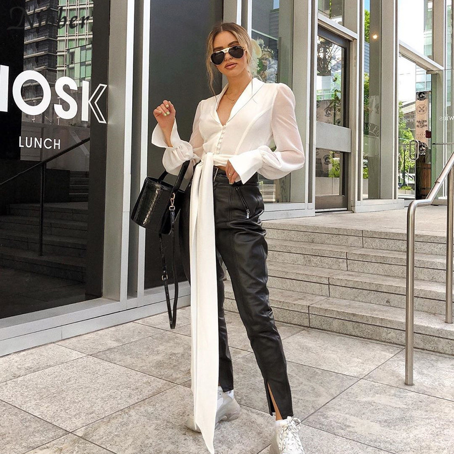 Nibber 2019Autumn Office ladies White Chiffon tops women full sleeve t-shirts Solid Elegant wild Slim Soft Belt tee shirts mujer T200110