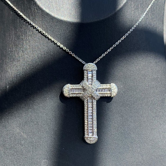 Classical Fashion Jewelry 925 Sterling Silver Pave White Sapphire CZ Diamond Gemstones Eternity Party Women Cross Pendant Wedding Necklace
