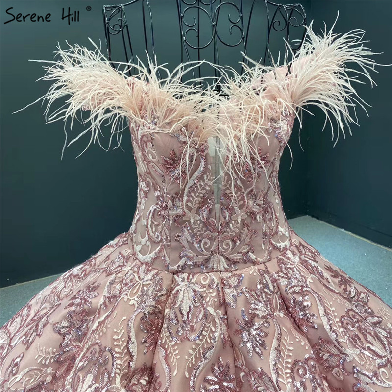 2020 Luxury Pink Prom Dresses Off The Shoulder Satin Ruffles Feather Evening Dress Sequins Custom Made Embroidery Formal Gowns Party Wear