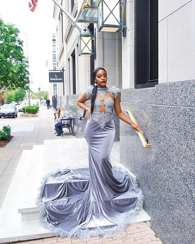 silver high neck mermaid prom dresses lace appliques feather south african satin sheer long sleeve evening gowns abendkleider