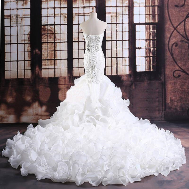 Mermaid Crystal Luxury Wedding Dresses Sweetheart Neckline Diamonds Beaded Bodice Corset Back Ruffles Skirt White Organza Bridal Gowns
