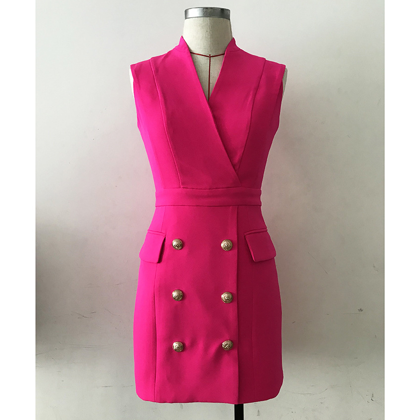 New Style Top Quality Original Design Women's Ladies Classic Working Dress Metal Buckles Double-Breasted Slim Seeveless Dress Evening Dress