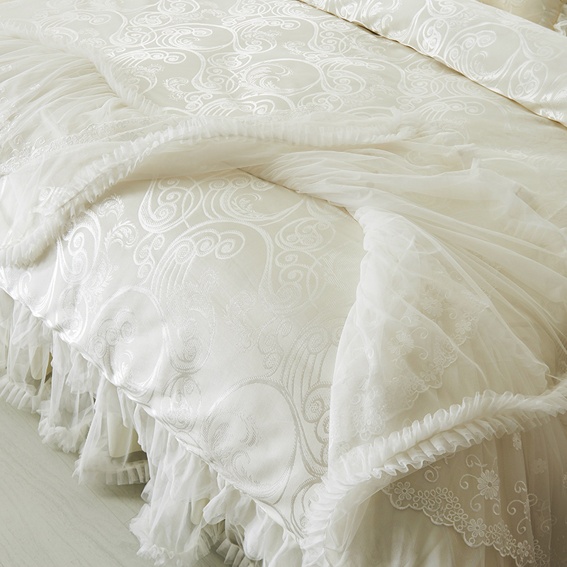 satin jacquard bedding sets cotton lace bedclothes queen king size 4/8 pcs decorative bedskirt+pillowcase+duvet cover set