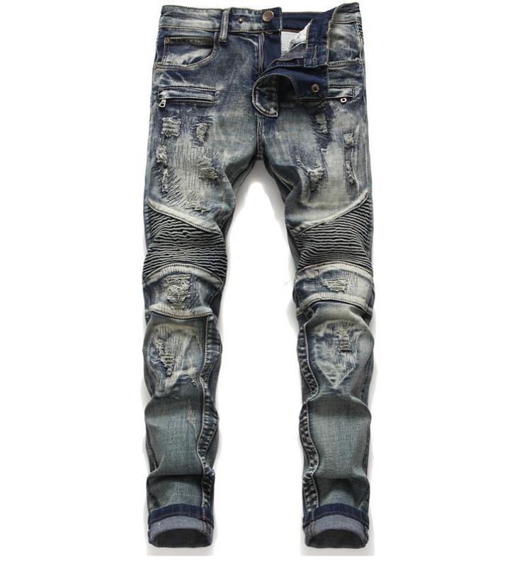 Mens Classic Biker Jeans Male Slim Straight Knee Drape Panel Moto Biker Jeans Destroyed Ripped Stretch Hip Hop Trousers