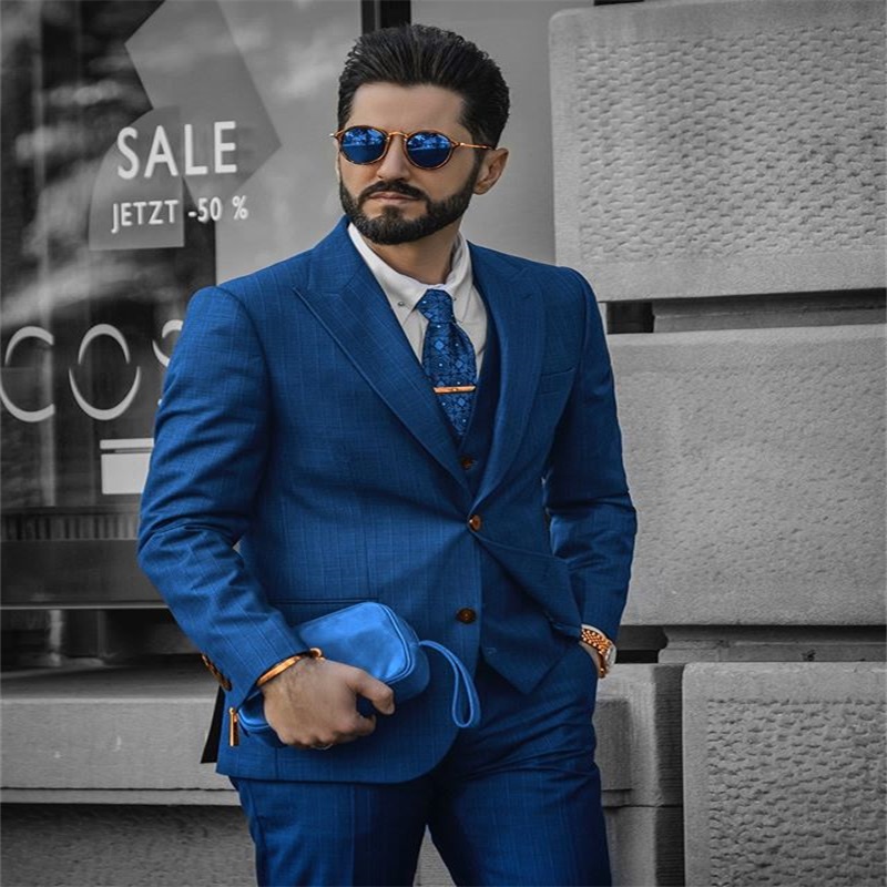 hot sale 3piece blue gentlemen bridegroom blazer cotton blend two button notched lapel formal men suits custom made wedding tuxedo