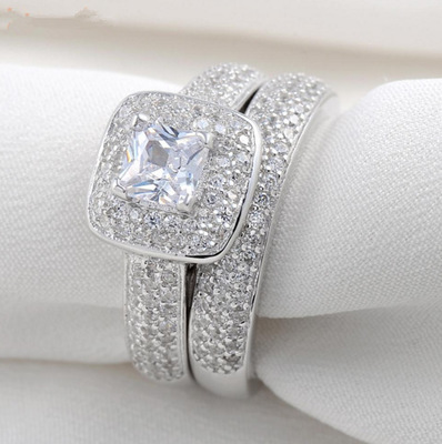 2pcs Sets Wedding Engagement Ring For Women Bridal Classic Square Cut Cubic Zirconia Crystal Silver Color Fashion Jewelry Chirstma