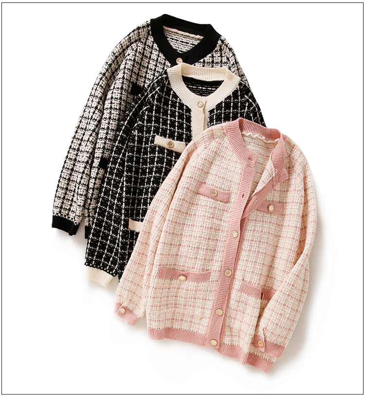 H.SA Women Elegant Sweater Cardigans Oneck Retro Vintage Knit Jackets Black White Plaid Long Cardigans Loose Tops Winter Jacket CJ191220
