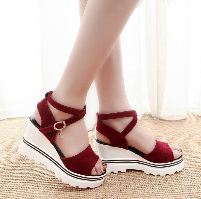 Hot Sale-2019 summer new women's sandals suede solid color high heels wedges buckle fish mouth open toe increased thin women's shoes