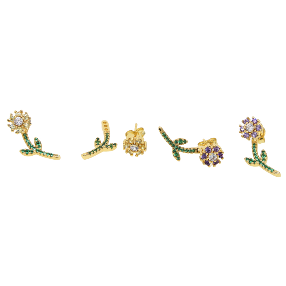 2024 spring new arrived jewelry earring for girl women Bloom flower leaves green rainbow cz paved trendy jewelry