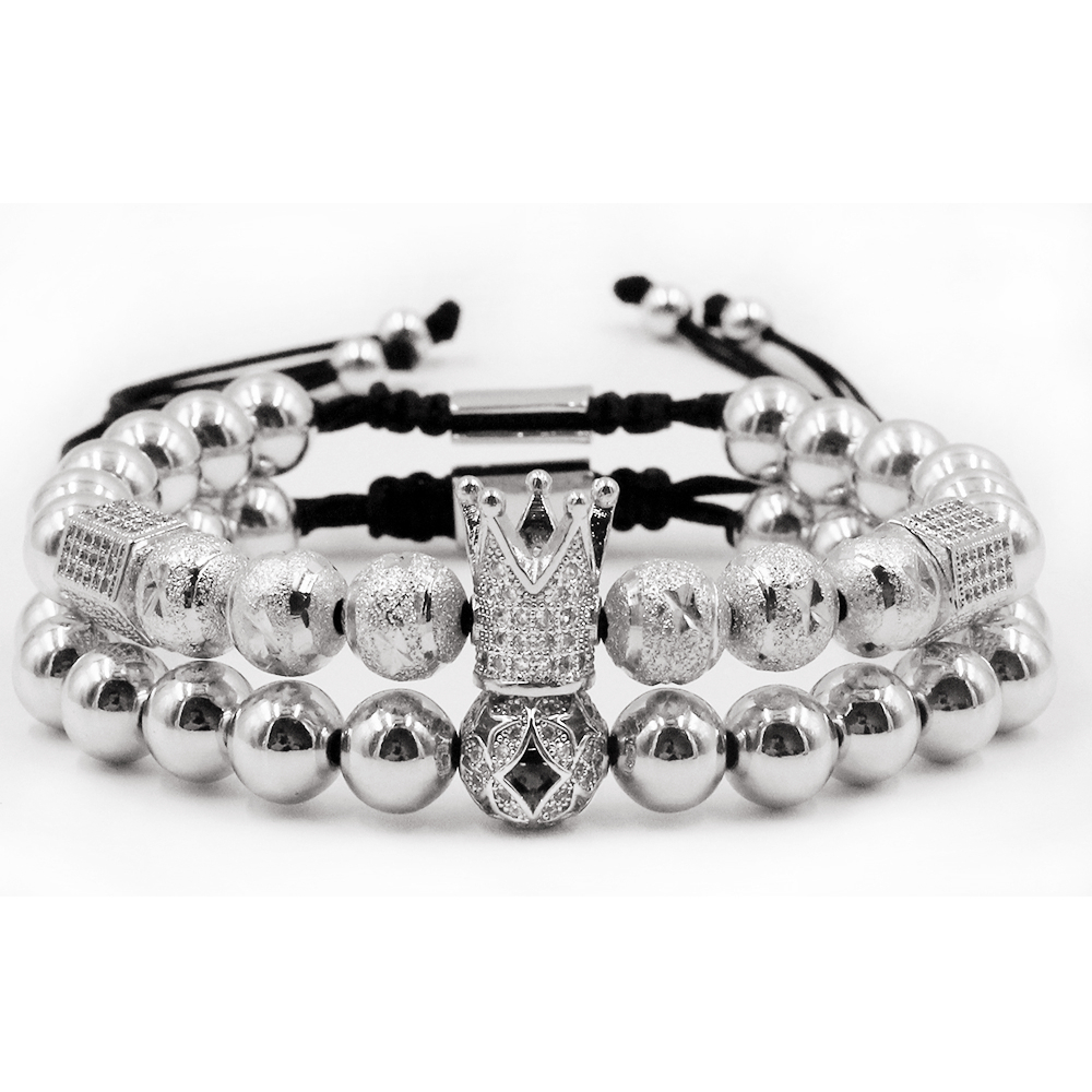 Men bracelet 2pcs/Set Luxury Crown Pave Cubic Zirconia Starlight Ball Charms Copper Beads Bangles For Gift Valentine's Day Christmas