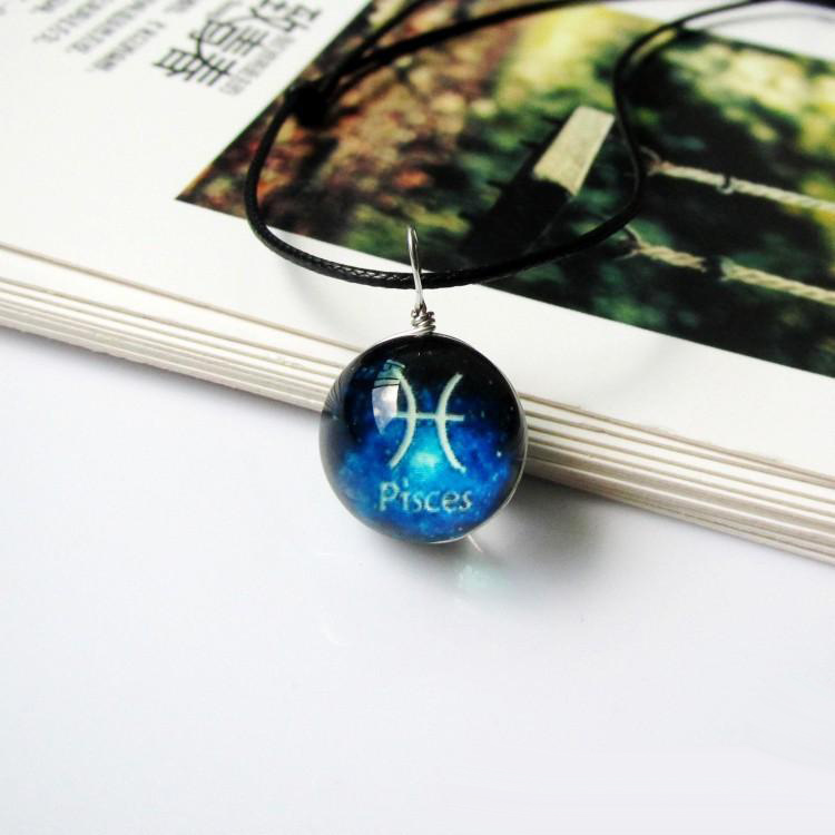 12 Zodiac Signs Luminous Necklace women Glow in the dark constellation Glass gemstone Pendant Black leather wax rope chains For Men Jewelry