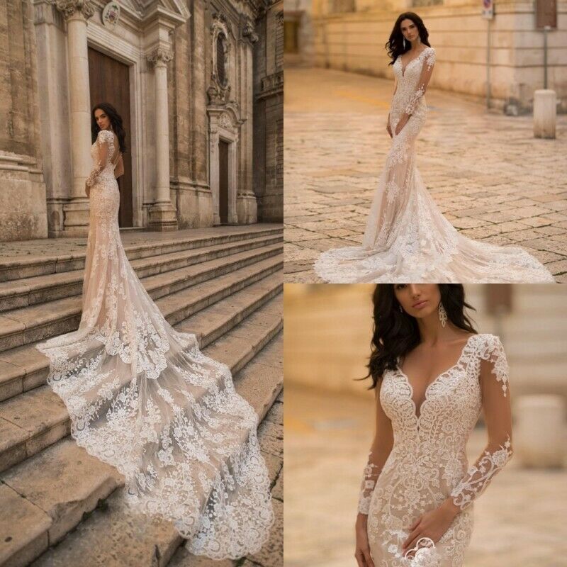 Champagne Mermaid Wedding Dresses V Neck Sheer Long Sleeve Lace Appliqued Bridal Gowns Sweep Train Plus Size Backless Wedding Dress