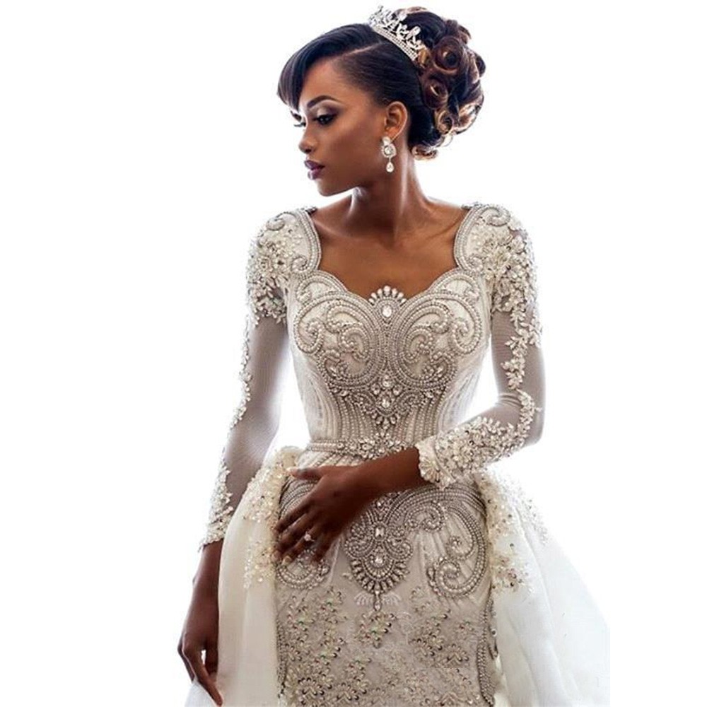 Long African Sleeves Mermaid Dresses Scoop Neck Lace Applique Beaded Crystals Over Skirts Court Train Wedding Bridal Gowns