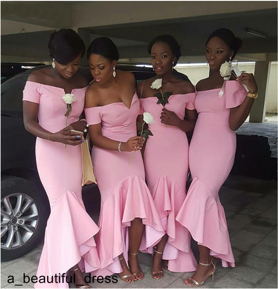 Sweet Pink Mermaid Bridesmaid Dresses For Wedding Sexy Off Shoulder Ruffles Party Wedding Guest Dress Bridesmaids Formal Dresses
