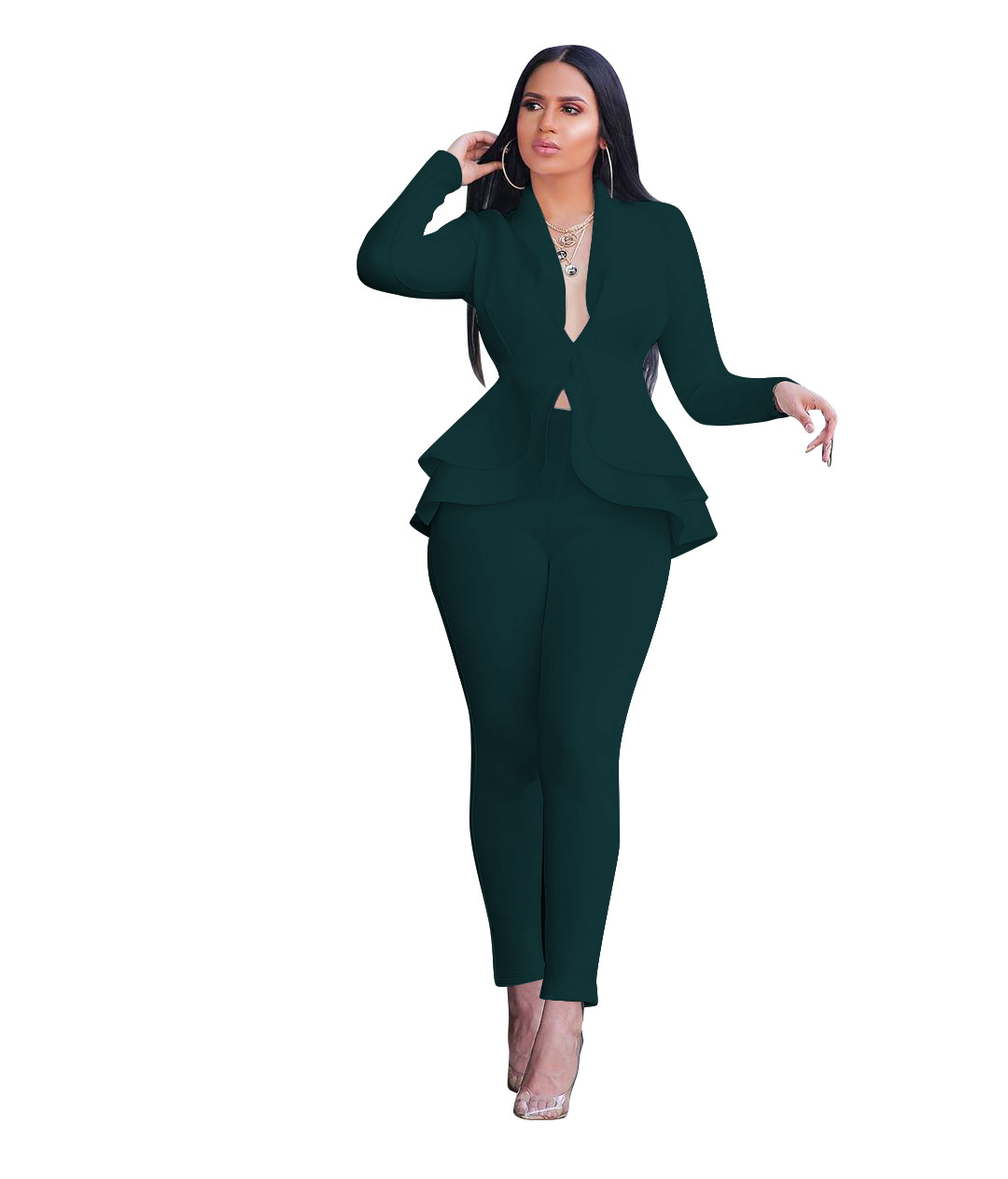 Pants European and American spring autumn fashion temperament solid color Long Sleeve Ruffle air layer professional uniform casual women