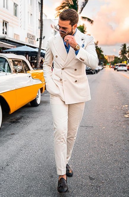 Beach Groom Wedding Tuxedos Men Groomsmen Suits Peaked Lapel Slim Fit Double Breasted Prom Party Dinner Blazer Jacket (Jacket+Pants)